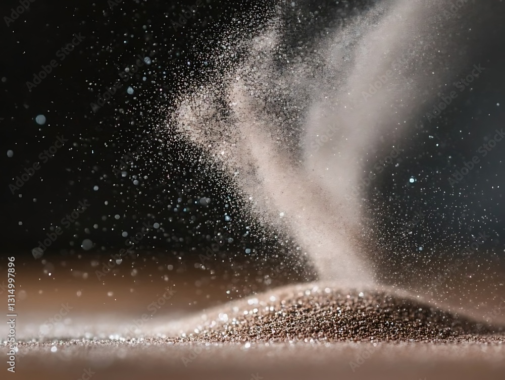 Elegant shimmering powder cascade against a dark backdrop texture shot Elegant shimmering powder cascade against a dark backdrop texture shot