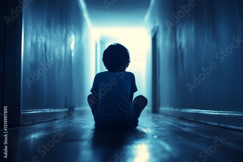 Wallpaper Mural Silhouette of child sitting alone in dark hallway contemplating light at the end, concept of hope, despair, loneliness, and child psychology Torontodigital.ca