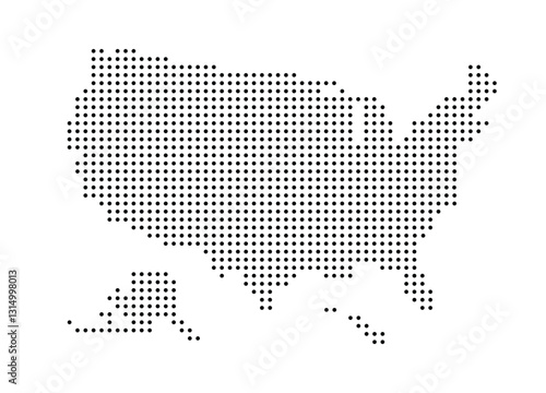 Pixel dotted map of United States of America in a white background