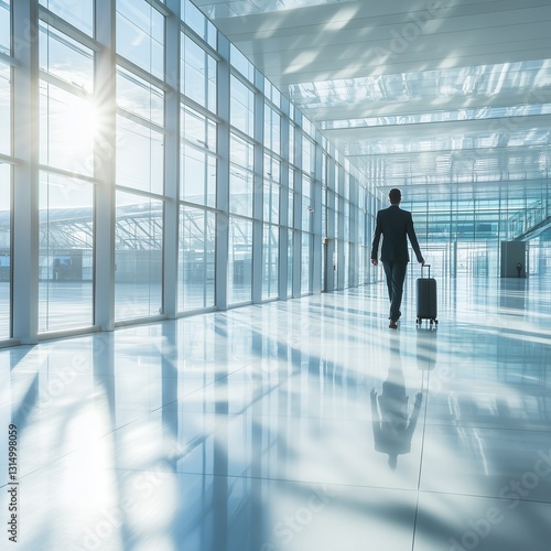 Business traveler walking through a modern airport terminal with a suitcase in bright sunligh