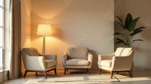 Serene living room with three armchairs, illuminated by a warm floor lamp, and complemented by a lush potted plant.