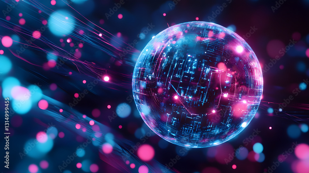 A cybernetic AI composer generating music in a floating neon data sphere. A cybernetic AI composer generating music in a floating neon data sphere.