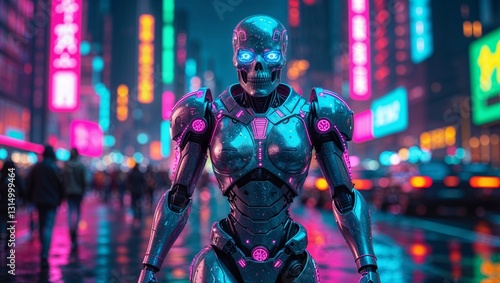 Cyberpunk Android Soldier in Neon Metropolis