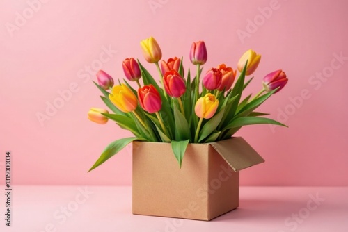 A vibrant bouquet of multicolored tulips nestled inside a simple cardboard box, a cheerful springtime arrangement