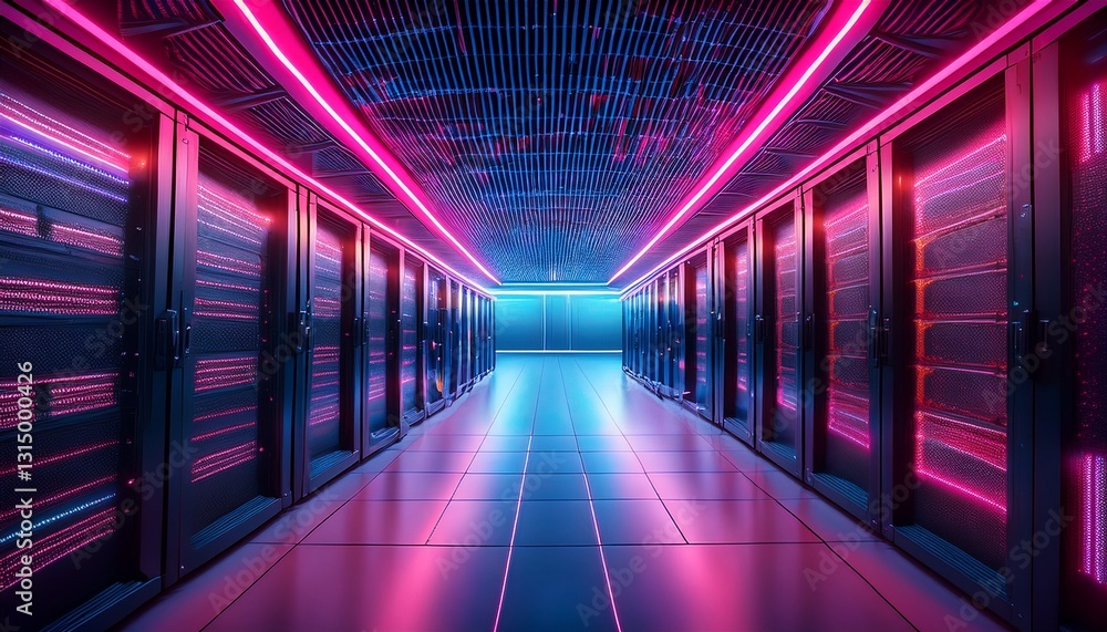 Fototapeta premium a futuristic data center corridor illuminated with vibrant pink and blue lights showcasing rows of servers and a sleek high tech atmosphere