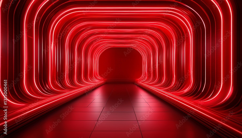 Naklejka premium red neon tunnel in the dark room red futuristic tunnel stage illuminated red 3d showroom