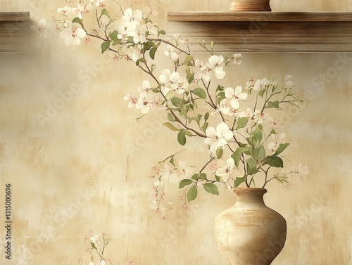 Wallpaper Mural Seamless Pattern - Floral arrangement in a neutral-toned vase on a textured background, still life. Torontodigital.ca