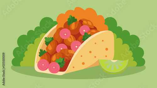 Vegetarians rejoice at the sight of the roasted cauliflower and chickpea tikka masala taco served with a refreshing mint chutney and tangy pickled onions.. Vector illustration