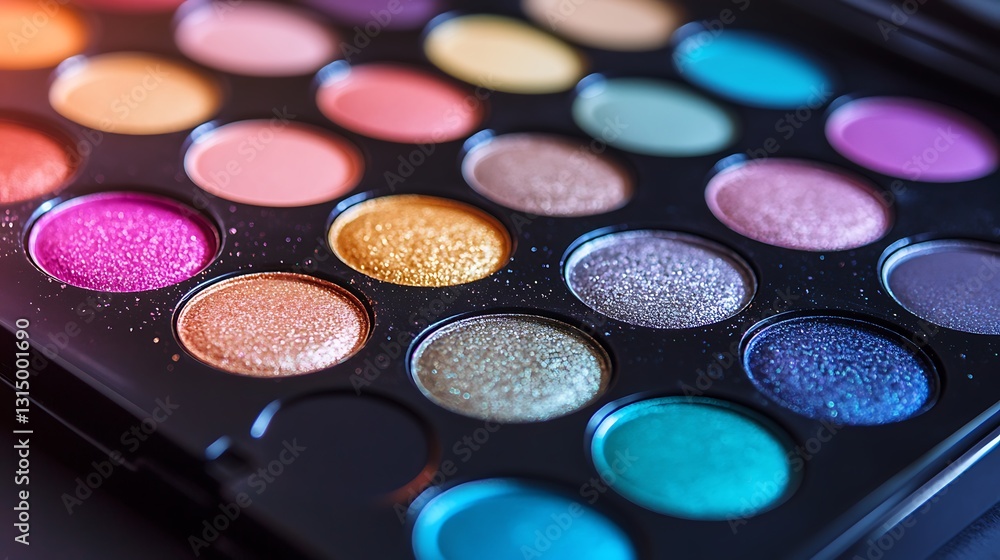 Realistic close-up of a vibrant eyeshadow palette with its assorted shades & textures, illuminated to highlight details of the pigments & packaging Realistic close-up of a vibrant eyeshadow palette with its assorted shades & textures, illuminated to highlight details of the pigments & packaging