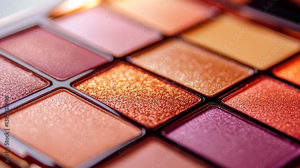 Realistic close-up of a vibrant eyeshadow palette with its assorted shades & textures, illuminated to highlight details of the pigments & packaging Realistic close-up of a vibrant eyeshadow palette with its assorted shades & textures, illuminated to highlight details of the pigments & packaging