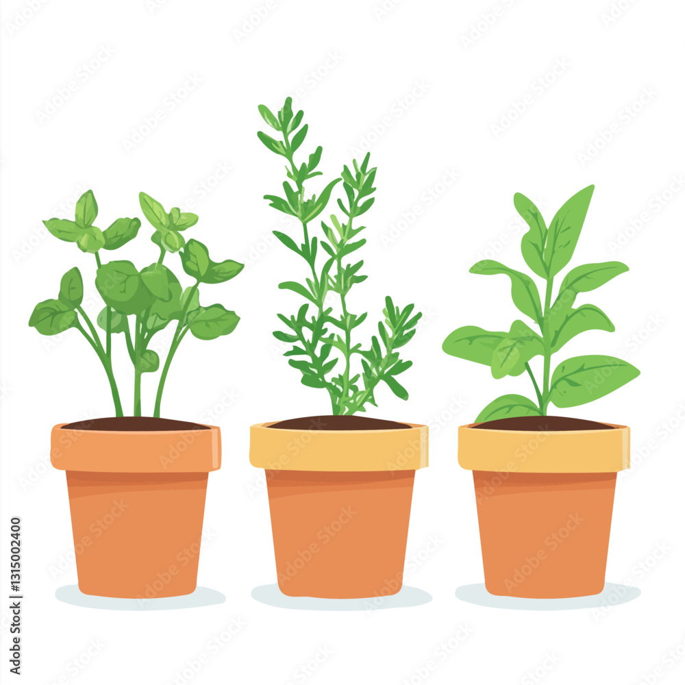 2D flat vector illustration Fresh herbs in pots icon isolated on a white background.
2D flat vector illustration Fresh herbs in pots icon isolated on a white background.