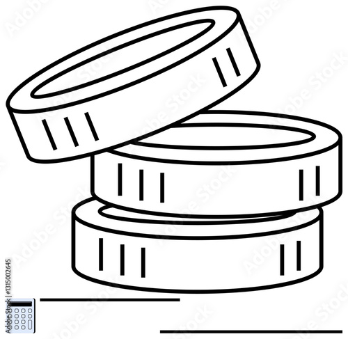 Three stacked coins next to a small calculator indicating finance, money management, and savings. Ideal for economic concepts, budgeting, wealth building, strategy, accounting, investment flat