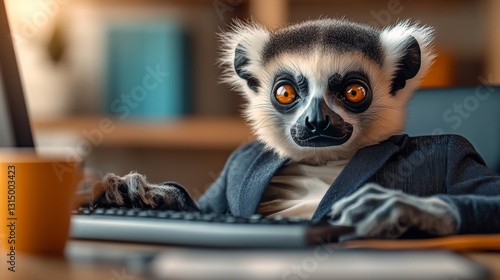 Monkey wearing a suit and sitting at a computer keyboard. The monkey has a serious expression on its face