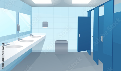 Public toilet, empty wc restroom interior with closed cubicles, urinals, washbasins with mirror and liquid soap, litter bin on tiled floor, Cartoon vector illustration