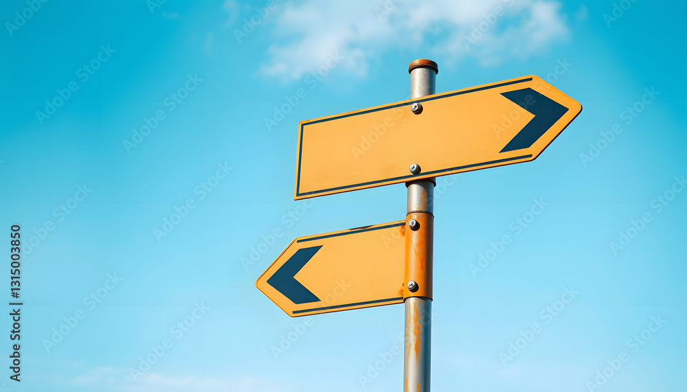 Mockup of road direction arrows on a metal pole, against a blue sky background, graphic novel art. with white shades Mockup of road direction arrows on a metal pole, against a blue sky background, graphic novel art. with white shades