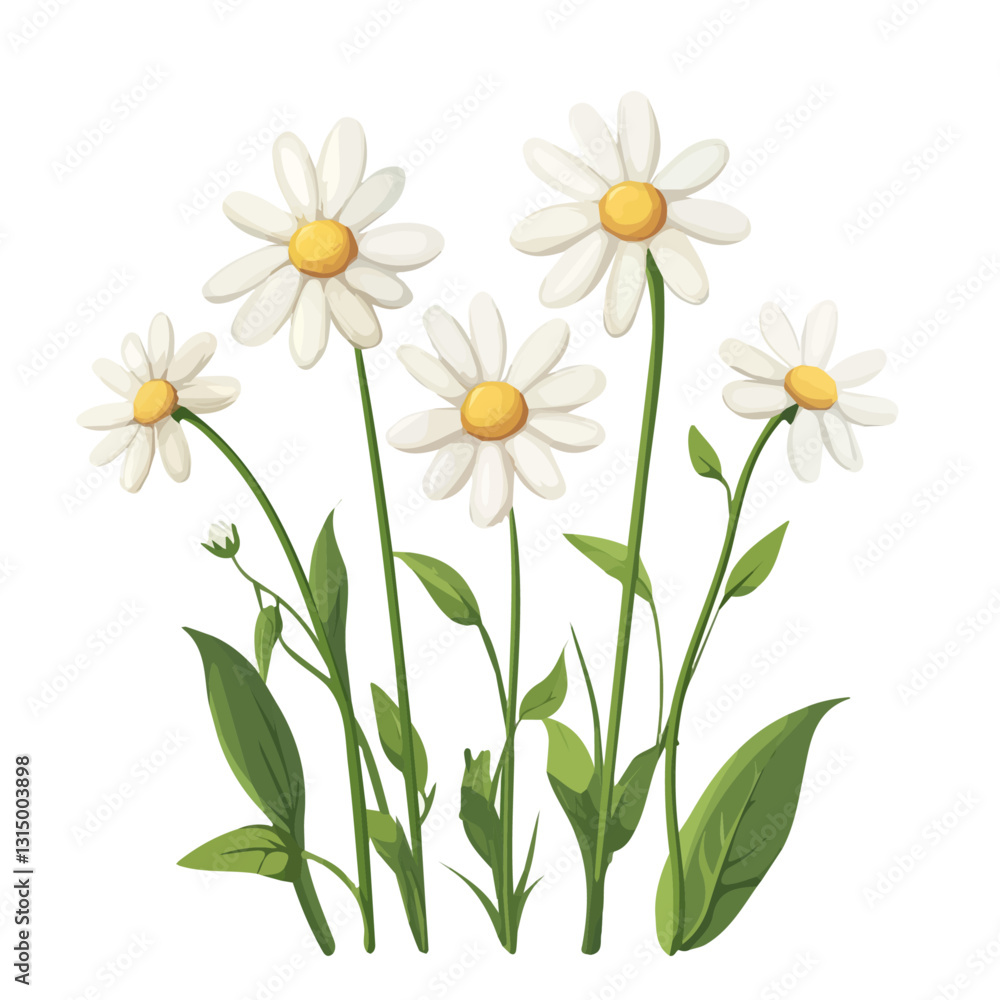 2D flat vector illustration Freshly bloomed chamomile flowers icon isolated on a white background.
2D flat vector illustration Freshly bloomed chamomile flowers icon isolated on a white background.