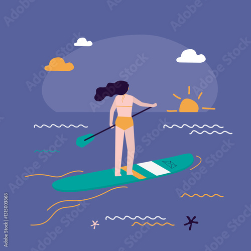 Woman riding sup board on water. Girl surfer outdoor recreation on sunset. Bikini sport lady standing with paddle on board, sea summer enjoy. Active female character rest.