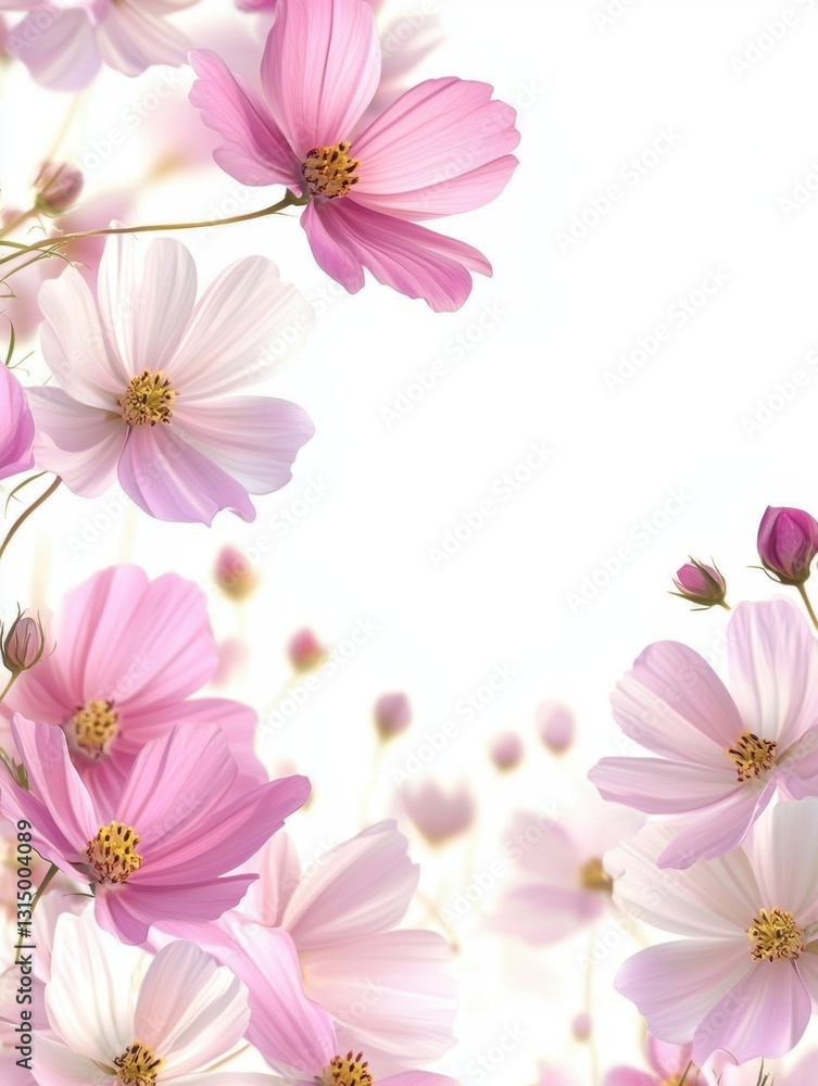Delicate cosmos flowers in soft pink and white hues against a bright white background creating a serene floral composition for spring Delicate cosmos flowers in soft pink and white hues against a bright white background creating a serene floral composition for spring