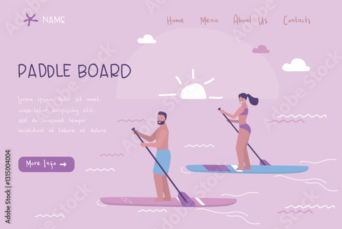 Paddle board, landing page template. Active people riding sup boards on water. Stand up paddle. Friends surfer in swimming suits outdoor.