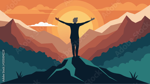 A silhouette of a person standing on a mountaintop arms outstretched towards the sun accompanied by the words Embrace the journey of aging gain insight and inspiration at our Aging. Vector