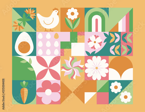 Wielkanocny baner z mozaiką z świątecznymi symbolami. Wiosenny geometryczny wzór z królikiem, jajkami i kwiatami.