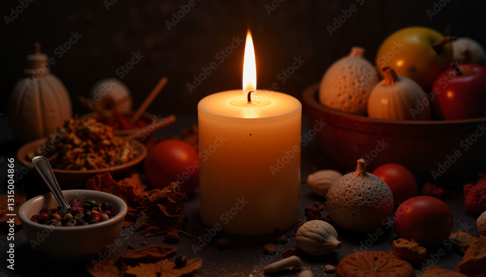 Illuminating candle in dark room surrounded by offerings, warmth Illuminating candle in dark room surrounded by offerings, warmth