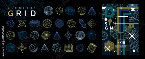 Shape 3D grid. Element tech design with sphere, cube, torus. Abstract logo geometry. Mesh frame with wireframe poster. Symbol linear structure. Retro cyberpunk with pattern figure. Brutal space