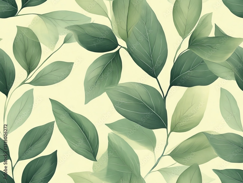 Seamless Pattern - Delicate watercolor painting of green leaves on a pale yellow background. Seamless Pattern - Delicate watercolor painting of green leaves on a pale yellow background.
