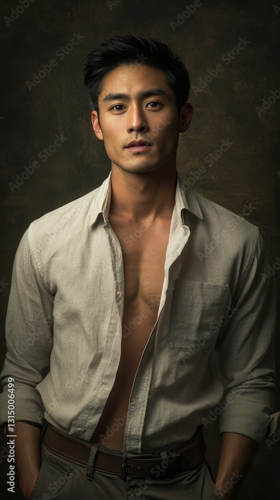 Fototapeta premium A Man Poses in a Partially Unbuttoned Shirt