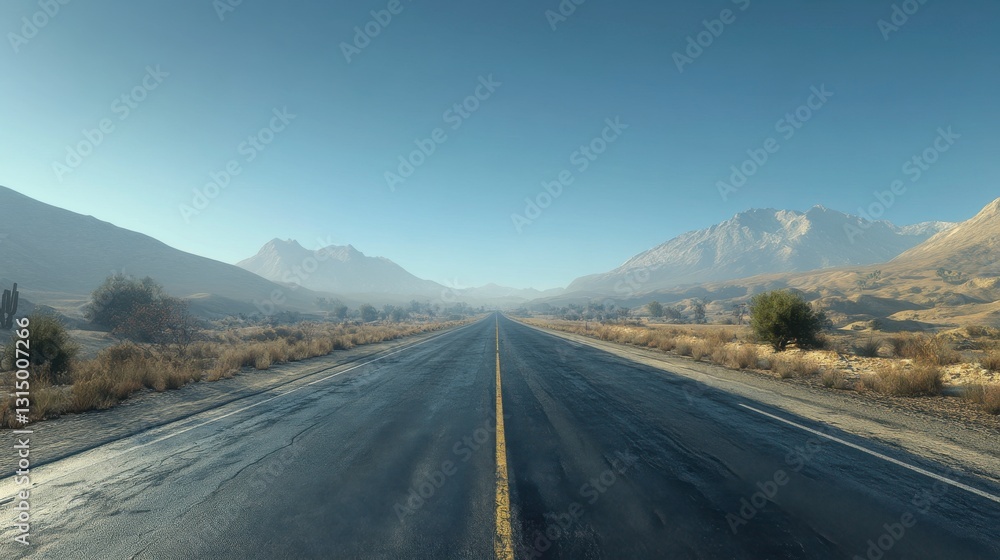 Naklejka premium A serene, empty road stretches into the distance, surrounded by mountains and a clear sky, evoking a sense of adventure and tranquility.