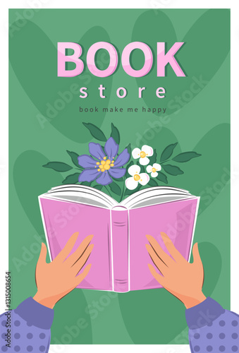 Layout design for bookstore, bookshop or library. People read books. Vector illustration for poster, cover, marketing, sale.