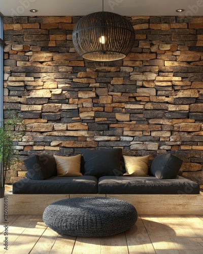 Wallpaper Mural Modern living room interior with stone wall black sofa and woven ottoman under a unique pendant light creating a cozy and stylish ambiance Torontodigital.ca