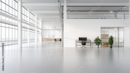 Modern Open Office Interior With White Walls Large Windows And Minimalist Furniture