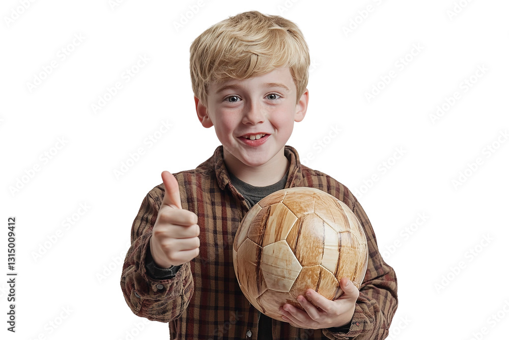 Smiling boy holding a soccer ball and showing thumbs up on white background. clipart, png.