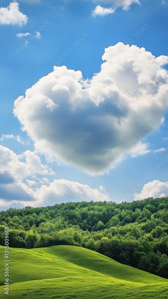 Soft heart shaped cloud drifting over verdant rolling hills, symbolizing romantic love landscape under bright summer sky Valentine Soft heart shaped cloud drifting over verdant rolling hills, symbolizing romantic love landscape under bright summer sky Valentine