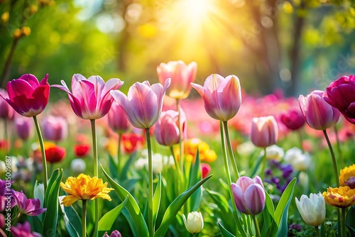 Vibrant Tulips Bloom in a Sunny Spring Garden
