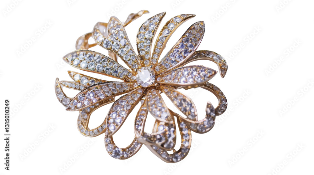 Golden brooch with sparkling diamonds on transparent background Golden brooch with sparkling diamonds on transparent background