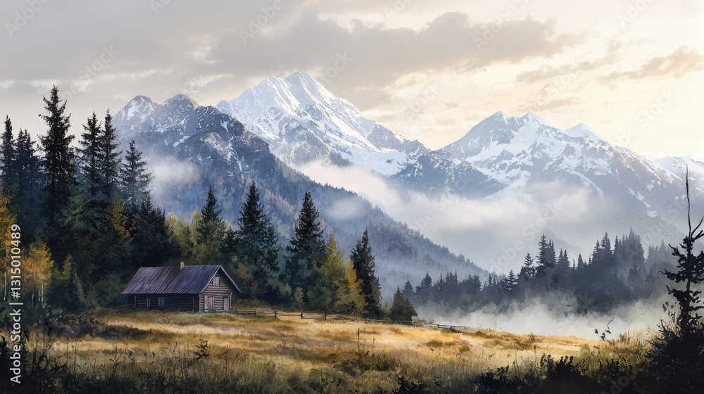 Fototapeta premium A rustic cabin sits peacefully in a meadow surrounded by tall evergreen trees. Snow-capped mountains rise majestically in the background under a soft morning light, casting a serene atmosphere