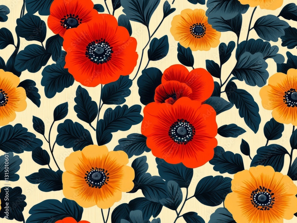 Seamless Pattern - Floral pattern of stylized flowers, with vibrant red and yellow blossoms. Seamless Pattern - Floral pattern of stylized flowers, with vibrant red and yellow blossoms.