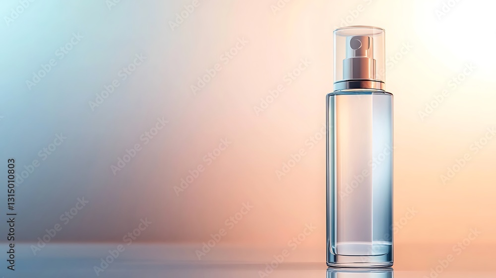 Realistic close-up of a refreshing toner bottle with a sleek design & clear liquid, illuminated with gentle, subtle, gradient background Realistic close-up of a refreshing toner bottle with a sleek design & clear liquid, illuminated with gentle, subtle, gradient background