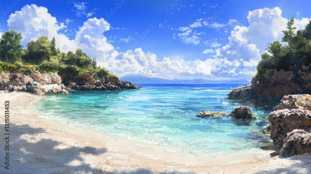 Fototapeta premium A peaceful tropical beach features clear turquoise waters and soft, white sands. Fluffy clouds drift over the horizon under the bright sun, creating a tranquil atmosphere