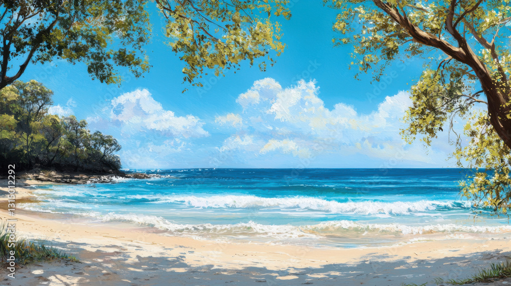 A tranquil sandy beach showcases gentle waves lapping at the shore under a bright blue sky. Lush trees frame the scene, creating a peaceful atmosphere A tranquil sandy beach showcases gentle waves lapping at the shore under a bright blue sky. Lush trees frame the scene, creating a peaceful atmosphere
