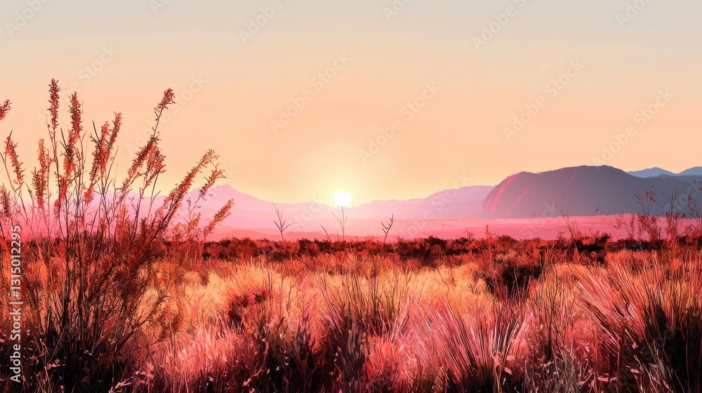 Obraz premium The sun sets on a stunning desert landscape, casting warm hues across the sky. Tall grasses sway gently in the breeze as mountains loom on the horizon, creating a serene atmosphere