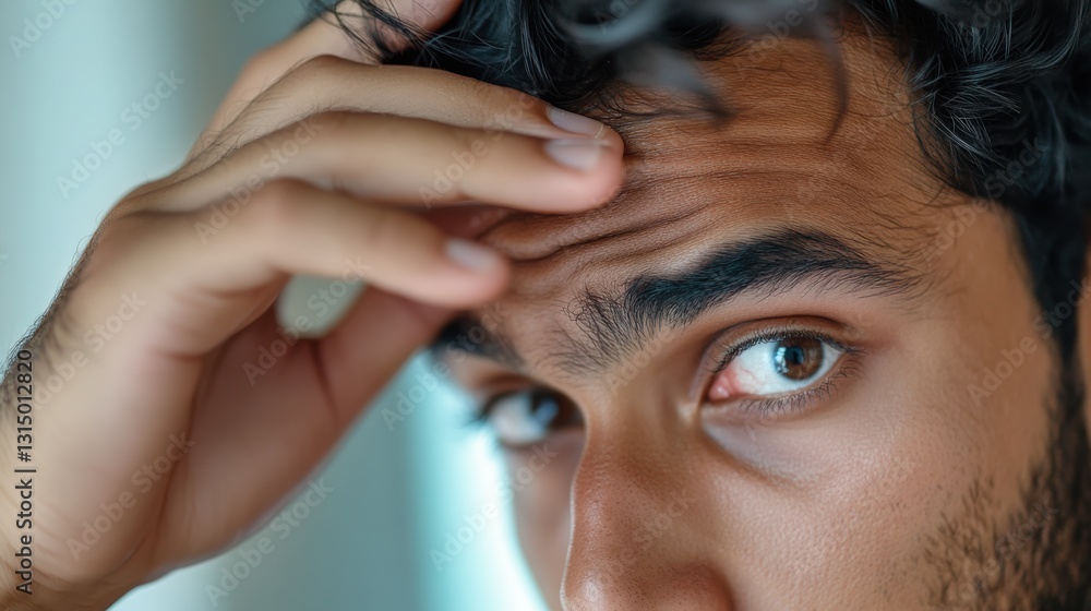Naklejka premium An Indian man checks his appearance in the mirror before leaving for work. 