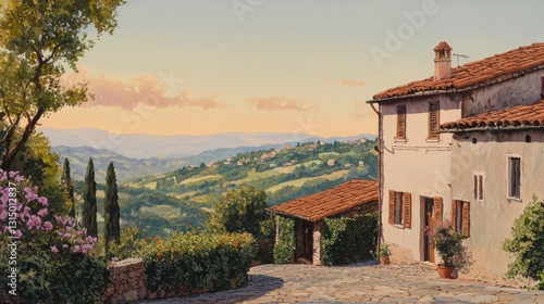 Wallpaper Mural A picturesque villa is set against the backdrop of vibrant hills as the sun sets in Tuscany. Lush greenery and blooming flowers surround the stone pathway leading to the home Torontodigital.ca