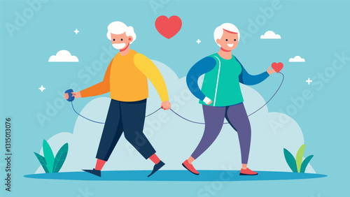 An elderly couple using their fitness trackers to track their heart rate during a brisk walk.. Vector illustration