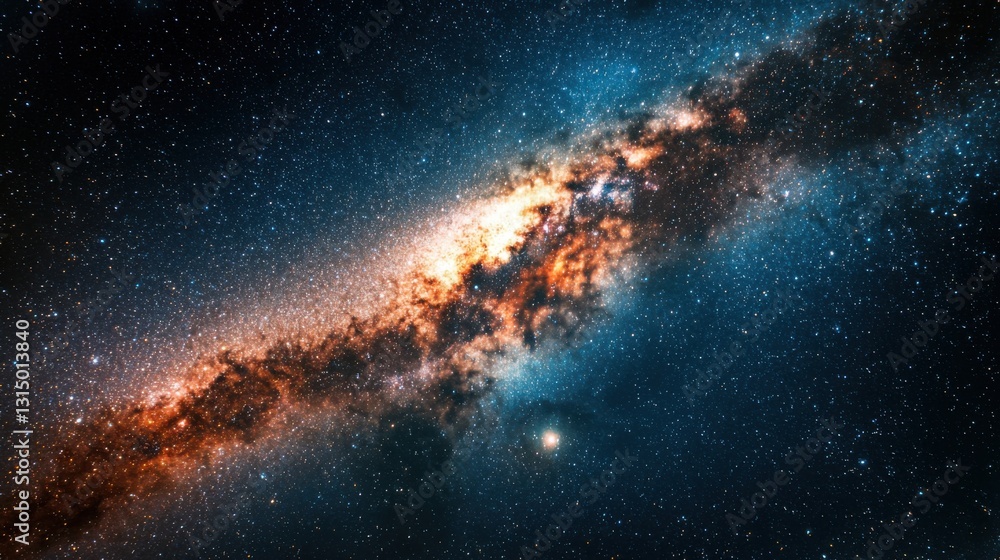 Fototapeta premium A mesmerizing view showcases a galaxy composed of bright stars and swirling cosmic dust against the backdrop of deep space. Colors blend to create a vibrant celestial tapestry