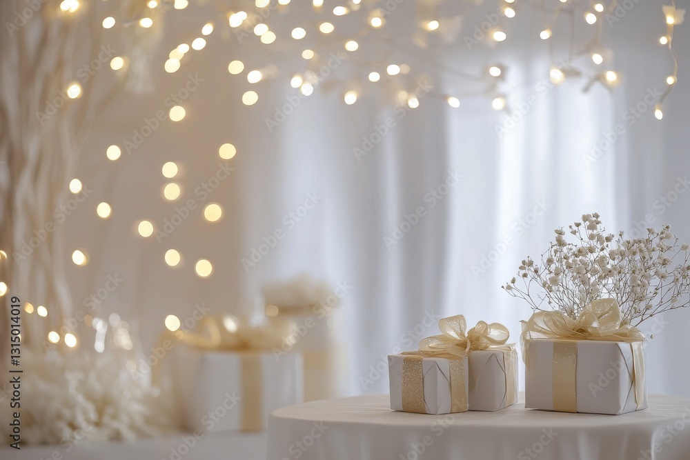 delicate gifts and decorations illuminated by soft lights, a serene and festive atmosphere. Presents adorned with ribbons sit on a table alongside elegant decor delicate gifts and decorations illuminated by soft lights, a serene and festive atmosphere. Presents adorned with ribbons sit on a table alongside elegant decor