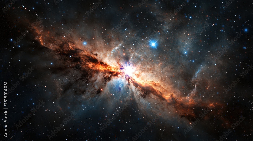 Obraz premium A stunning cosmic explosion reveals vibrant colors and intricate details of star formation in a nebula. This celestial phenomenon showcases the beauty of the universe and its mysteries