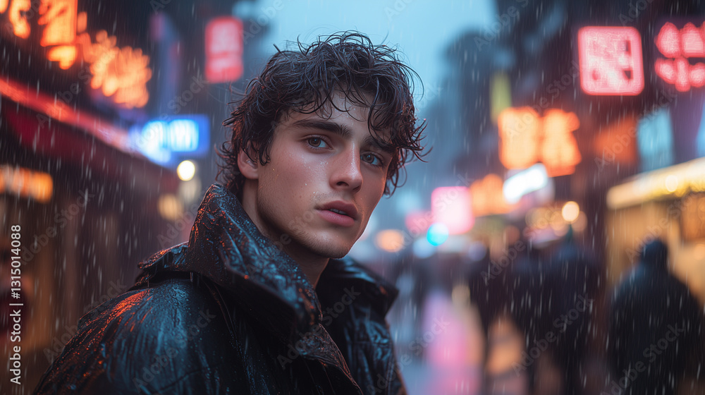 Obraz premium A young man with wet hair and raindrops on his face stands on a busy street in a metropolis, surrounded by blurry neon lights..